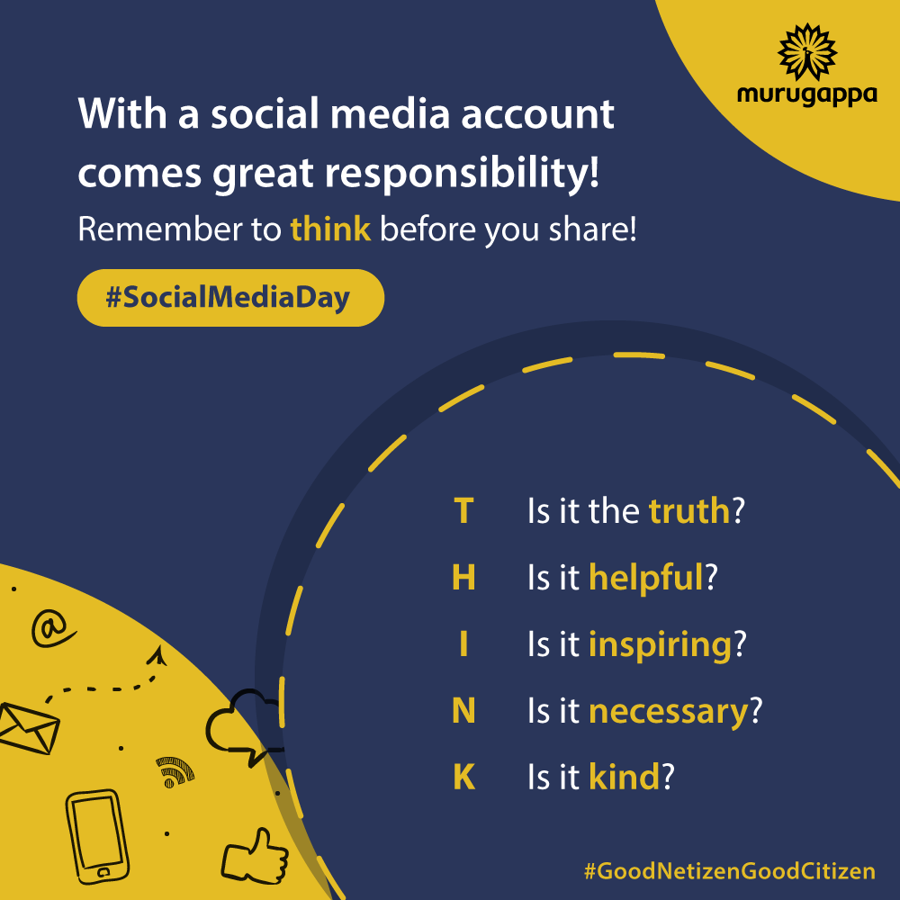 Murugappa_Group's tweet photo. Remember to THINK before you post!
This #SocialMediaDay, let us all promise to be kinder, smarter and more aware of what we share online.
#SocialMediaDay #GoodNetizenGoodCitizen #TogetherLetsProgress #SocialMedia https://t.co/7sCzTwnztD