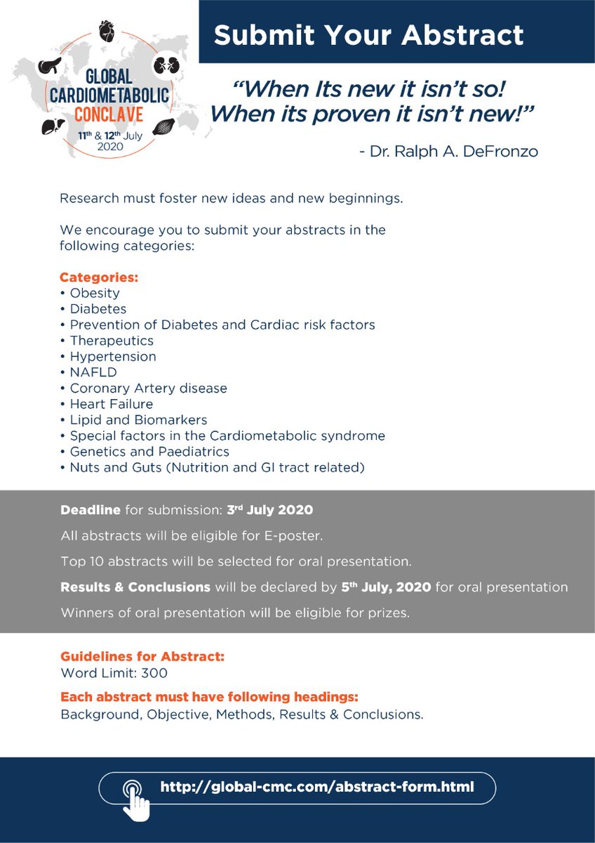 cardio_global's tweet photo. Submit your Abstract today!

For submit abstract click here:
https://t.co/031mUUUb0r

Dedline: 3rd July, 2020

#Submityourabstract #GlobalCMC https://t.co/mmxN4Xp9p7