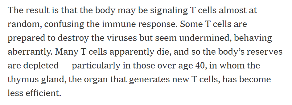 Covid-19 may impair the immune system, leading to a depletion of T cells, w "eerie parallels with H.I.V". Such impairment would explain why risk increases so dramatically w age & why children are at low risk. https://www.nytimes.com/2020/06/26/health/coronavirus-immune-system.html