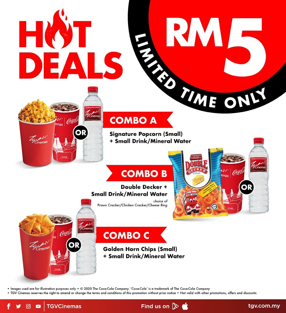TGVCinemas's tweet photo. For only RM5, get your favourite combos with these deals to welcome you back! ๐
Grab it at our Candy Bar when we reopen (which is TOMORROW) or via online NOW! ๐ฅ
#TGVCares
#TGVBreakFree
#TGVCYouSoon https://t.co/njFWAYNU0w