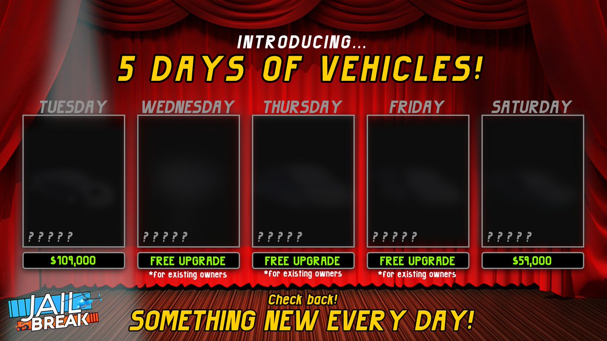 Badimo On Twitter 2 2 Big News This Roblox Jailbreak Update Is Different We Have Five Vehicles To Reveal Over The Next Five Days Tomorrow We Ll Reveal The First Vehicle - all roblox jailbreak cars and prices