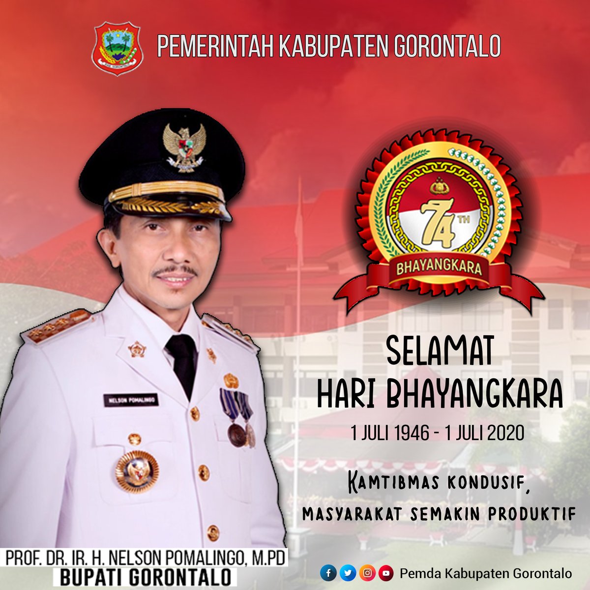 PemdaKabgor's tweet photo. Selamat HARI BHAYANGKARA Ke-74
 
Dengan Semangat Hari Bhayangkara, Kapolri Berkomitmen untuk Menjaga Situasi Kamtibmas tetap Kondusif. Agar Masyarakat Semakin Produktif dalam Tatanan Hidup Baru di Tengah Pandemi Covid19.

Nelson Pomalingo, Bupati Gorontalo https://t.co/RWw6B1E1Gv