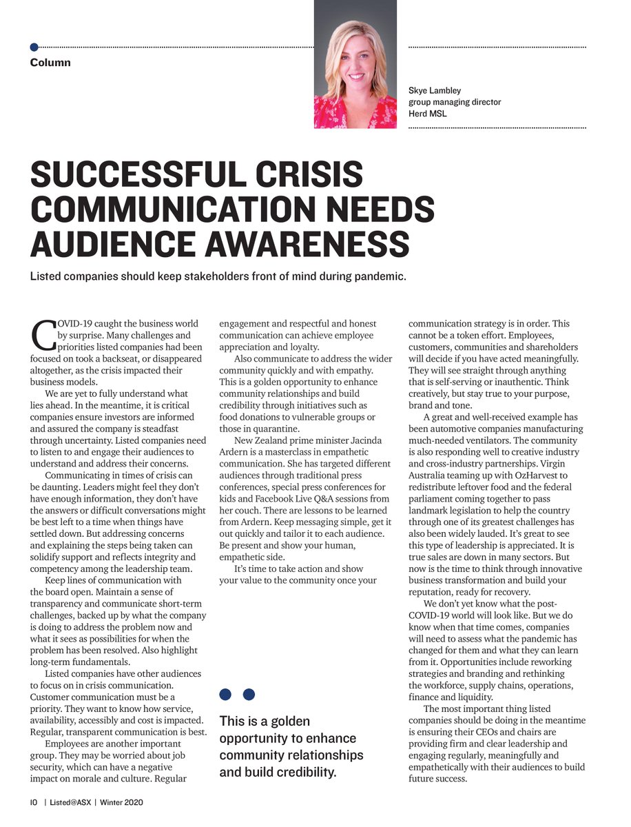 n2nComm's tweet image. The most important thing companies should be doing right now is ensuring their leaders are engaging regularly, meaningfully and empathetically with their audiences. Catch this op-ed on crisis comms from our Group Managing Director Skye Lambley in Listed@ASX Magazine's June issue.