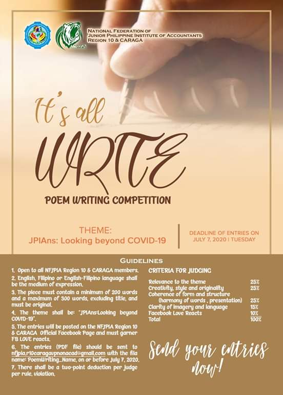 NFJPIA10CARAGA's tweet photo. Unleash the enigma of your sacred pen! 📜 We present to you JPIAns, the It’s All Write: Poem Writing Competition.
Deadline of submission:
July 7, 2020.
Send your entries now! 💚
#ItsAllWrite
#Quaranthings
#Salire
#RFJPIA10CARAGA https://t.co/pDGYemqxkb