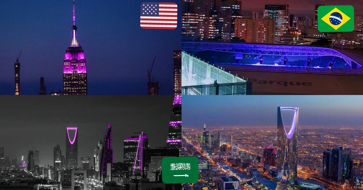 multiple landmarks lit up purple for bts 