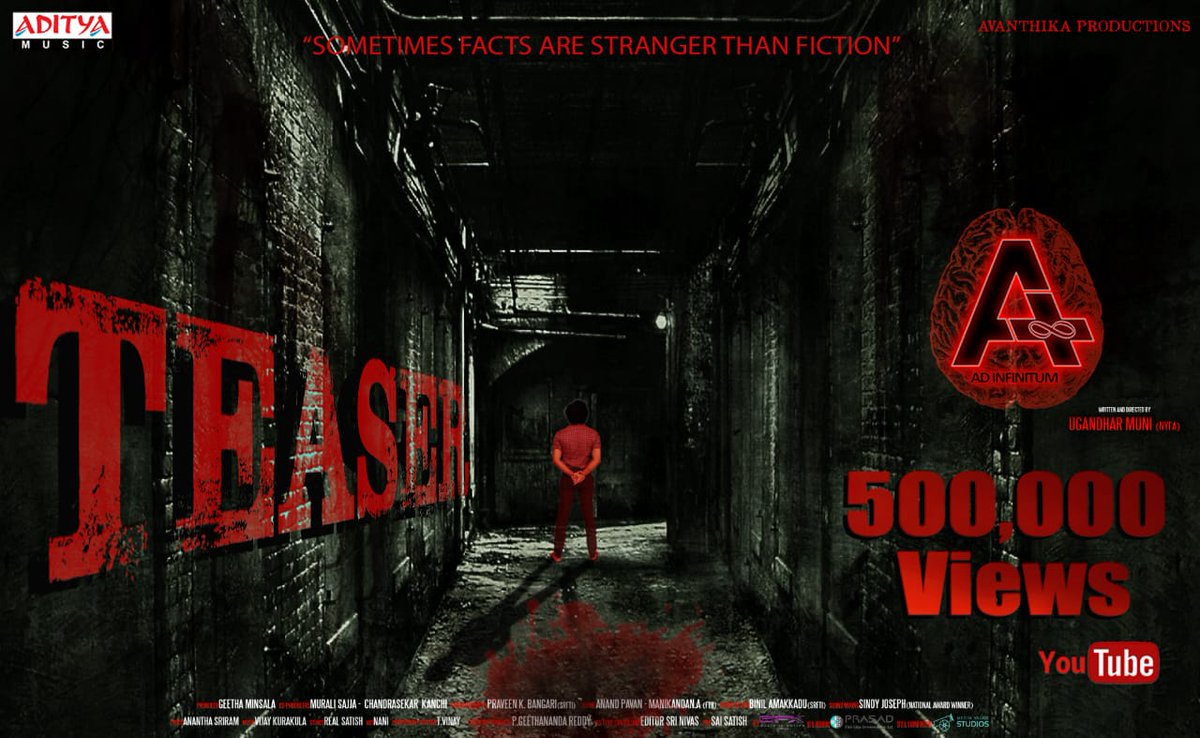 AvanthikaProdu1's tweet photo. Thriller #A (AD INFINITUM) Teaser crossed 500,000+ Views in #YouTube

https://t.co/4g1Ho9H4ov

Directed by @ugandharmuni
Produced by Geetha Minsala @avanthikaprodu1,

@NithinPrasannaz  #PreethiAsrani #MOVIEAADINFINITUM #ursniresh @adityamusic @TheSaiSatish https://t.co/Ha8VXetOy8