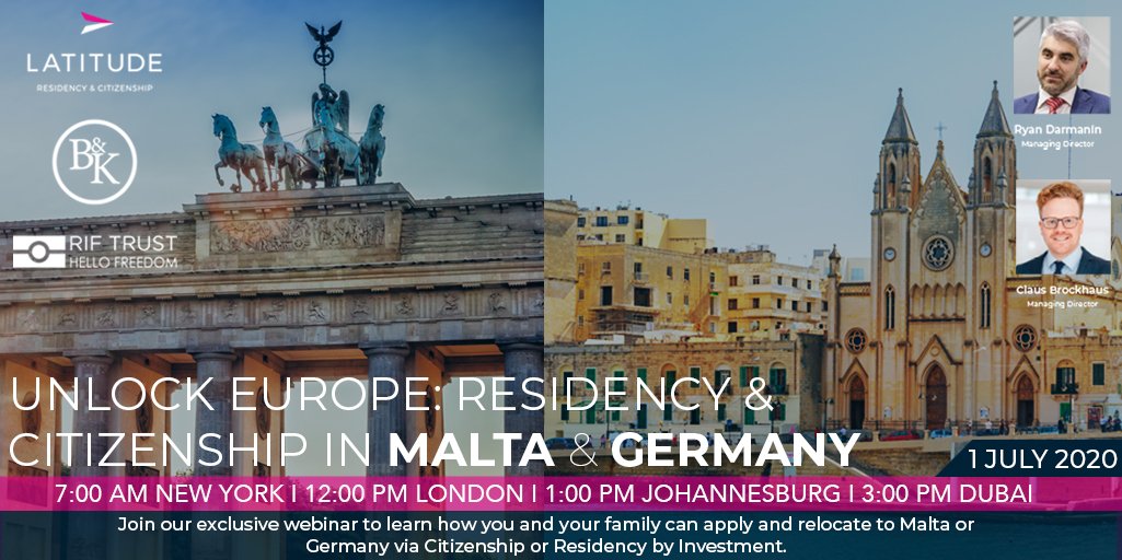 LatitudeWorld's tweet photo. Join Latitude tomorrow (July 1st) at 12 PM BST to learn about the Malta Citizenship & Residency and German Residency Through A โBlue Cardโ.
Register Here: https://t.co/XffWq8FJ7m
#Latitudeย #WelcometoYourWorldย #Germany #Malta #Citizenship #Residency https://t.co/ykEjdwmCVo