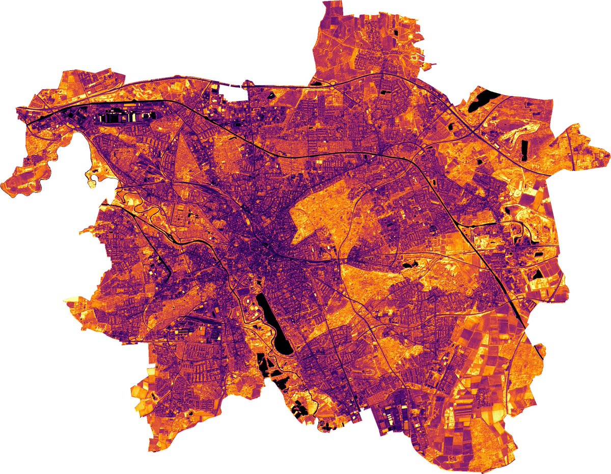 JonasBostelmann's tweet photo. #Hannover, Germany. Captured by the Sentinel-2A satellite in infrared on June 23 2020. (@CopernicusEU data processed at @LGLN_Official with #rasterio , @geopandas and @matplotlib ) https://t.co/Og0843yksJ