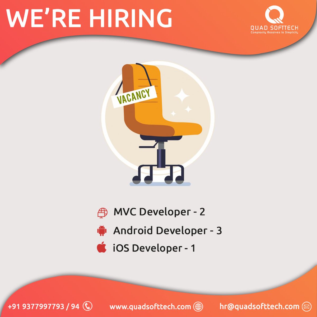QuadSoftTech's tweet photo. "Hiring people with fresh ideas is the key to a company's future success."
Join Our Team Now,
Drop your CV On hr@quadsofttech.com
Apply On: https://t.co/whS5e9tL1C
#QuadSofttech #Hiring #JobNearMe #MVCDeveloper #AndroidDeveloper #iOSdeveloper #AspDotNet #Flutter #Surat https://t.co/UA1AyUrtq6