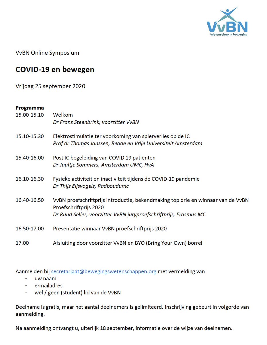 VvBN Online Symposium "COVID-19 en bewegen" Interessante lezingen van <a href="/Janssen_Thomas1/">Thomas Janssen</a>, Juultje Sommers en <a href="/ThijsEijsvogels/">Thijs Eijsvogels</a>, winnaar VvBN proefschriftprijs 2020, (BYO) borrel en meer... Meldt je nu aan #VvBN2020 #Coronaproof #symposium #Exerciseismedicine #free #gratis
