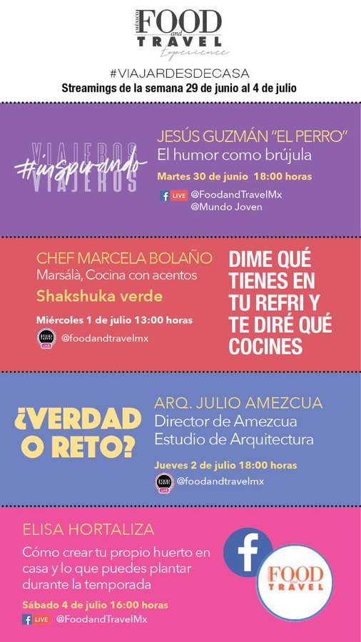 FoodandTravelMX's tweet photo. No faltes hoy a las 18:00 hrs ya que el arquitecto @Julioamezcua nos contará los retos y las verdades de la arquitectura, la vivienda y la hotelería después de la cuarentena. El sábado, Elisa Hortaliza nos mostrará cómo crear nuestro propio huerto. ¡Te esperamos! https://t.co/9mwyIgqUMu