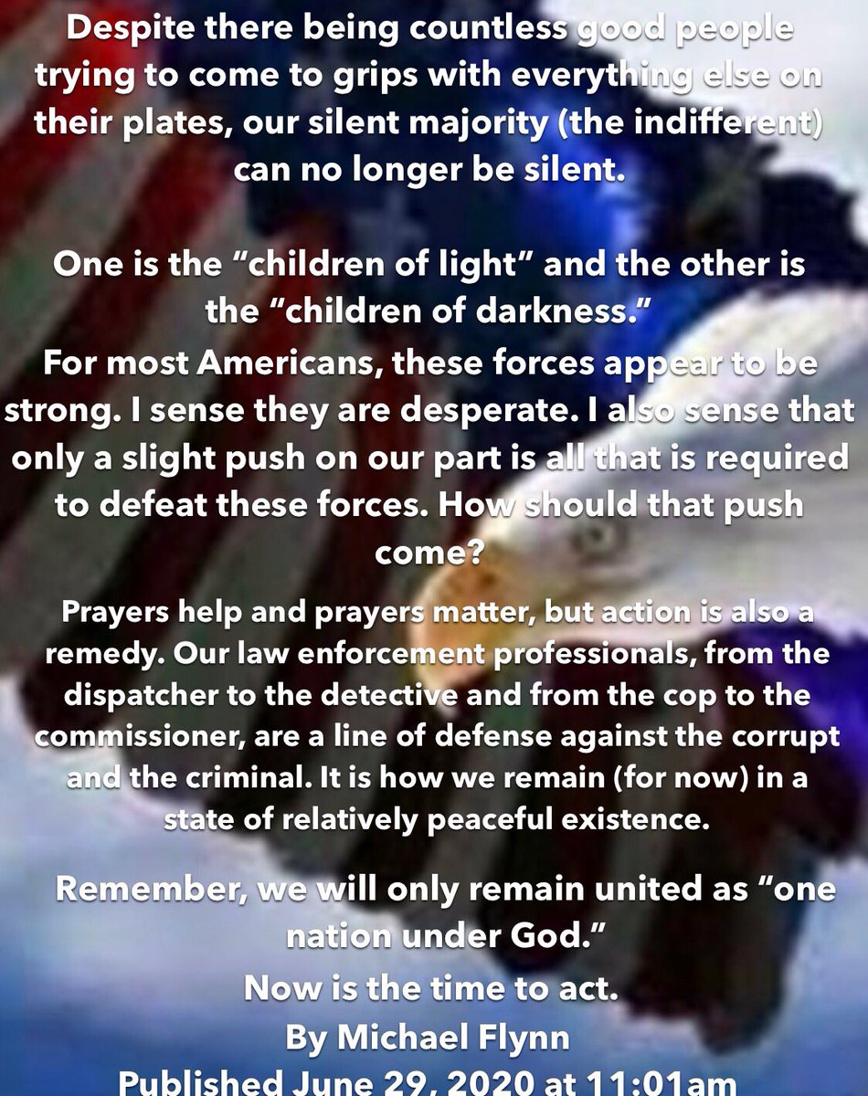 4545- This is not about politics.This is about preserving our way of life and protecting the generations that follow.We are living in Biblical times.Children of light vs children of darkness.United against the Invisible Enemy of all humanity.Q