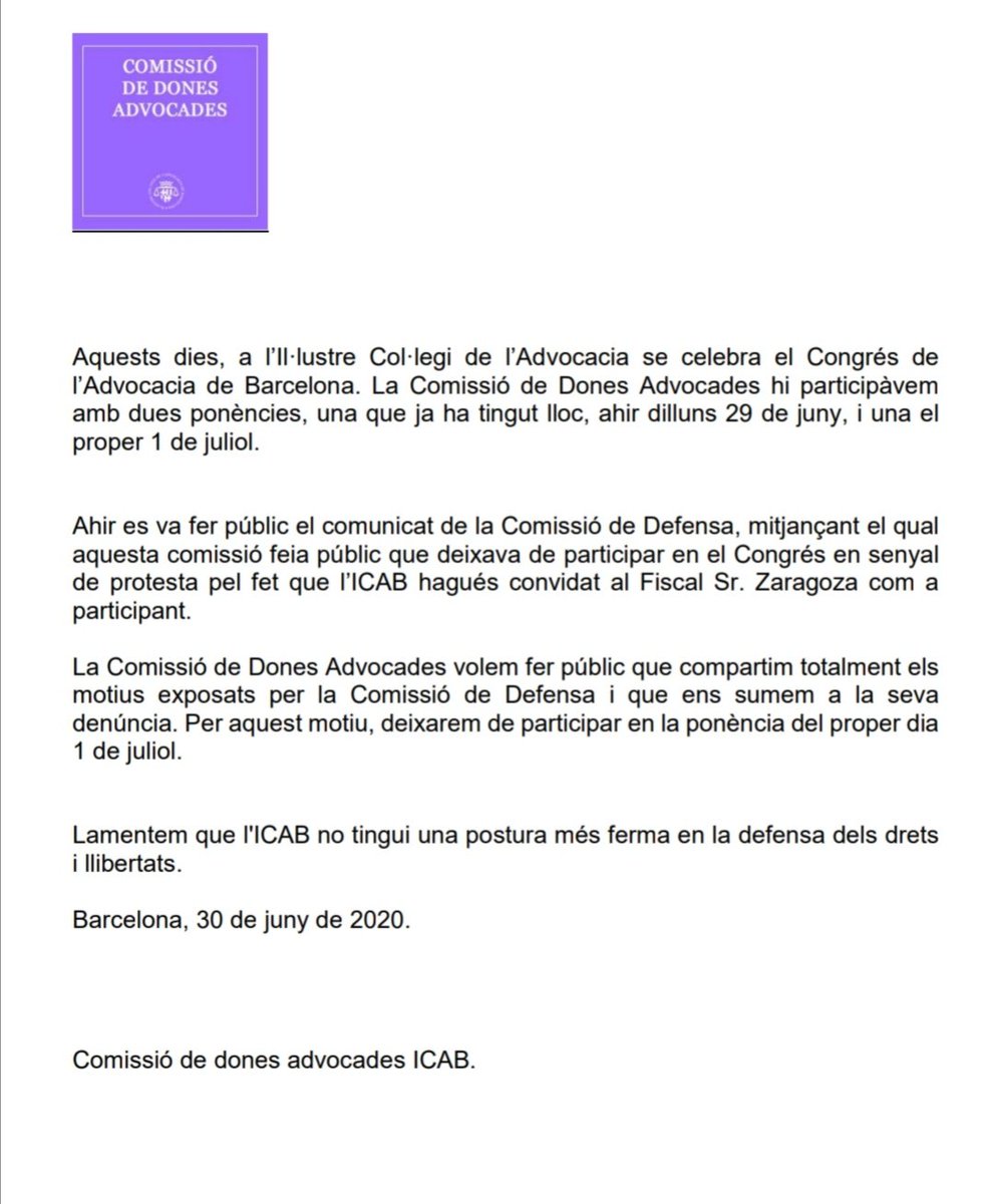 La <a href="/CDonesAdvocades/">Com Dones Advocades</a>  deixem de participar en el Congrés de l'Advocacia de Barcelona. Ho expliquem en aquest comunicat adherint-nos al comunicat i protesta de la <a href="/ComDefensaICAB/">Comissió de Defensa ICAB</a>.