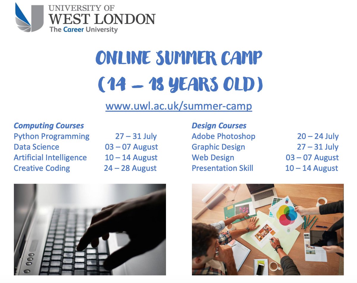 UWL_Enterprise's tweet image. Celebrate the #summer and explore the possibilities at our #OnlineSummerCamp @UniWestLondon. We offer #computing and #design courses to develop your #creativity and #curiosity! Join us --> uwl.ac.uk/summer-camp
#SummerCamp #summerschool #onlinecourses #LoveUWL #UWLEnterprise