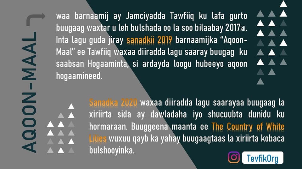TawfiqOrg's tweet photo. Falanqeynta buuggan ayaa nidaam ahaan ka duwanaa barnaamijyadii hore ee Aqoonmaal, iyadoo lagu soo jeediyey hab online ah - kulanka Zoom. Dhanka kale waxaa uu si toos ah uga baxayey bogga jimciyadda ee facebook. 

Today a reader, Tomorrow a leader.
Jimciyadda Tawfiiq
#aqoonmaal https://t.co/dVIDwE1BjL