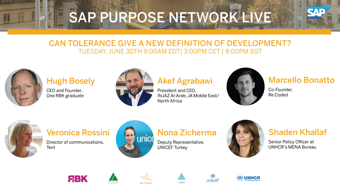 INJAZAlArab's tweet image. Join the conversation! Can tolerance give a new definition of development? 

Our CEO @AkefAqrabawi among great speakers 
from @ReBootKAMP @recodedofficial @TentOrg @UNICEF_Turkey in #SAPPurposeNetwork talk by @DS4Today @sap4good @BHusseini @alexploeg 

bit.ly/2VsRpJE