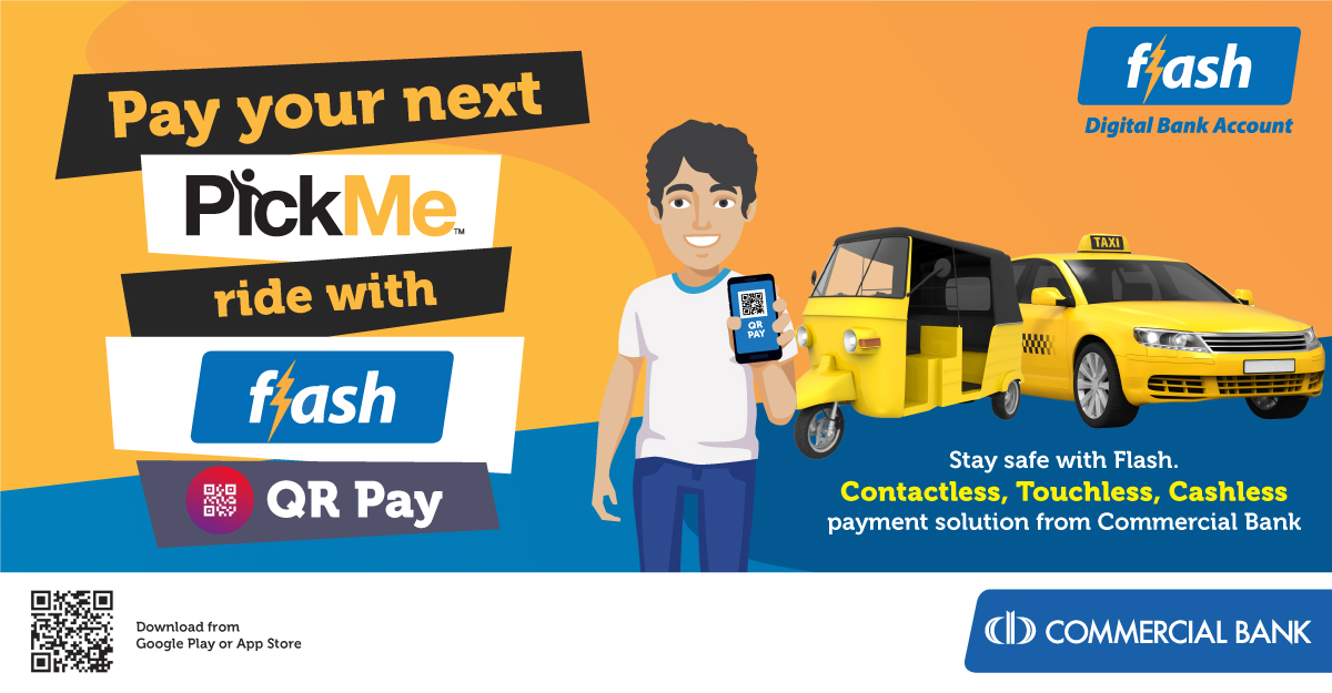 ComBank_LK's tweet photo. ‘𝐅𝐥𝐚𝐬𝐡’ digital account holders can now pay for their '𝐏𝐢𝐜𝐤𝐌𝐞' Taxi service digitally via QR code minimizing contact with the driver. Download the Flash App & open a Flash Digital Bank Account- https://t.co/UBOchBVBFn
#Flash #DigitalBankAccount #PickMe #QR #PayDigital https://t.co/mjjBXKwFiV