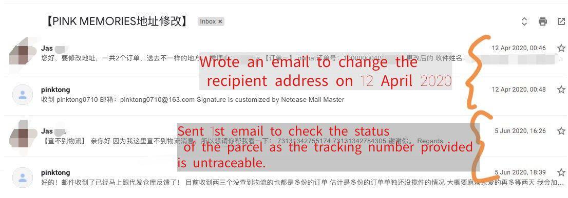 UPDATES as at 30 June.Timeline:1. 31/5- Pinktong (PT) updated all tracking no. on weibo.2. 5/6- Wrote 1st email to PT. She replied that she will check the person who sent the parcel.3. 12/6- Wrote 2nd email to PT. She said she is checking with the courier service.