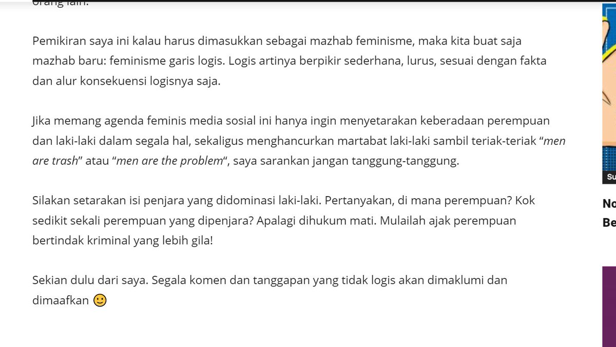 17. Rupanya Mbak Revina juga keliru telak dlm mengartikan "Kesetaraan" dlm tulisannya. Menyetarakan isi penjara? Tbh saya enggak tahu harus berargumen dari mana, krn kalau paham Feminisme dan paham Kesetaraan, analogi macam ini tentu harusnya tidak perlu dipikirkan untuk ditulis.