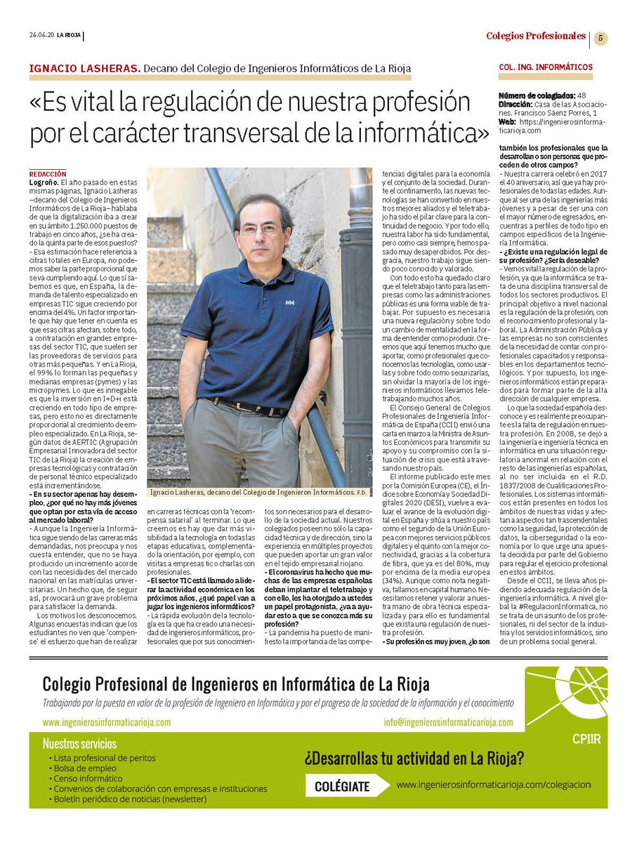 CPIIR_CPITIR's tweet photo. entrevista a nuestro presidente @nlasherashe en el suplemento de colegios profesionales del diario @lariojacom @cciinfor #InformaticaSolucionYA #esIngenieria #ponuningenieroinformaticoentuvida https://t.co/NOjUnBstsj