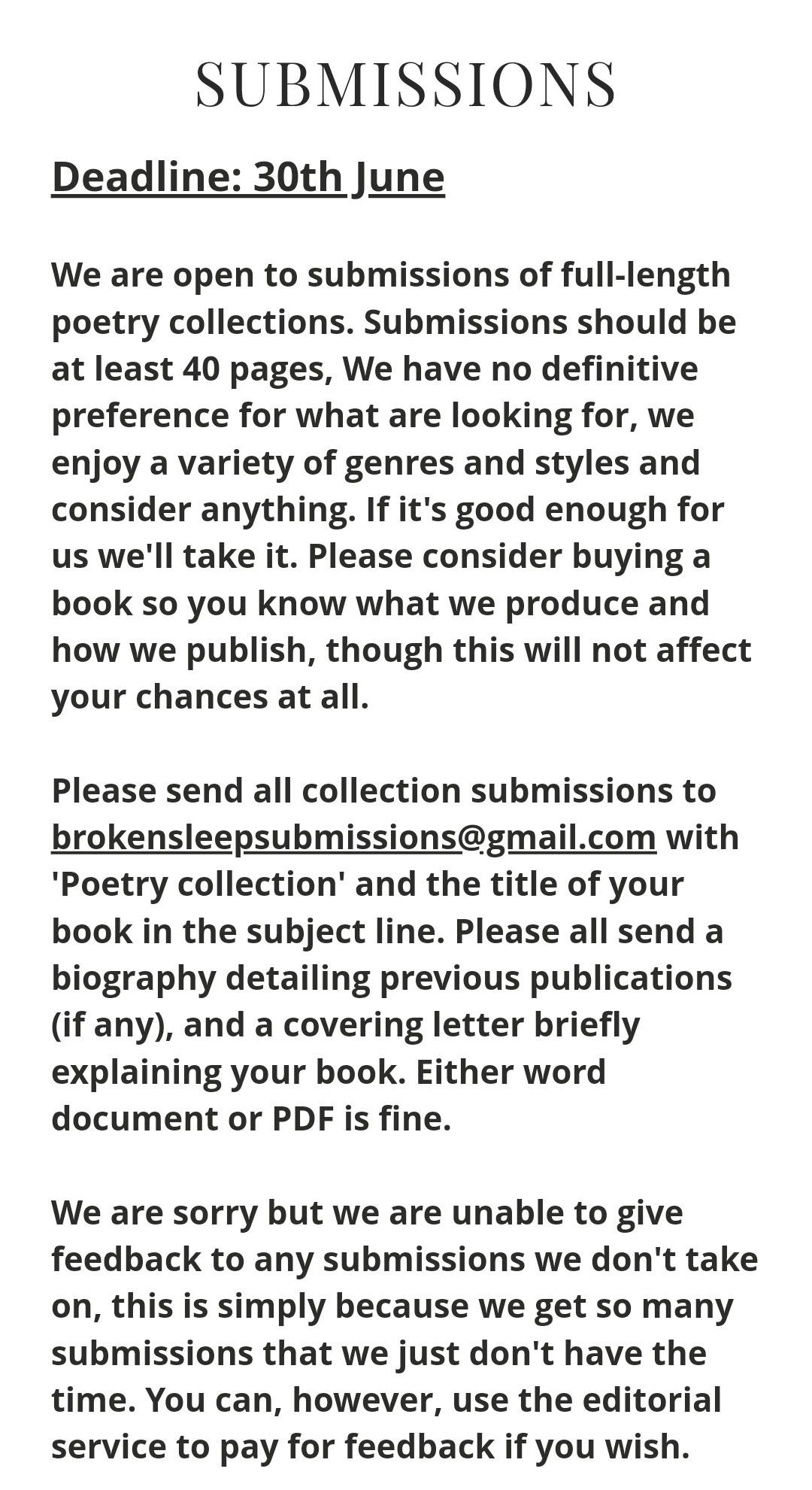 Broken Sleep Books Today Is Your Last Chance To Submit A Full Length Poetry Collection To Us We Won T Be Open For Full Length Subs Again Until January 21 So Do Send Broken Sleep Books Today Is Your Last Chance To Submit A Full Length Poetry Collection To Us We Won T Be Open For Full Length Subs Again Until January 21 So Do Send