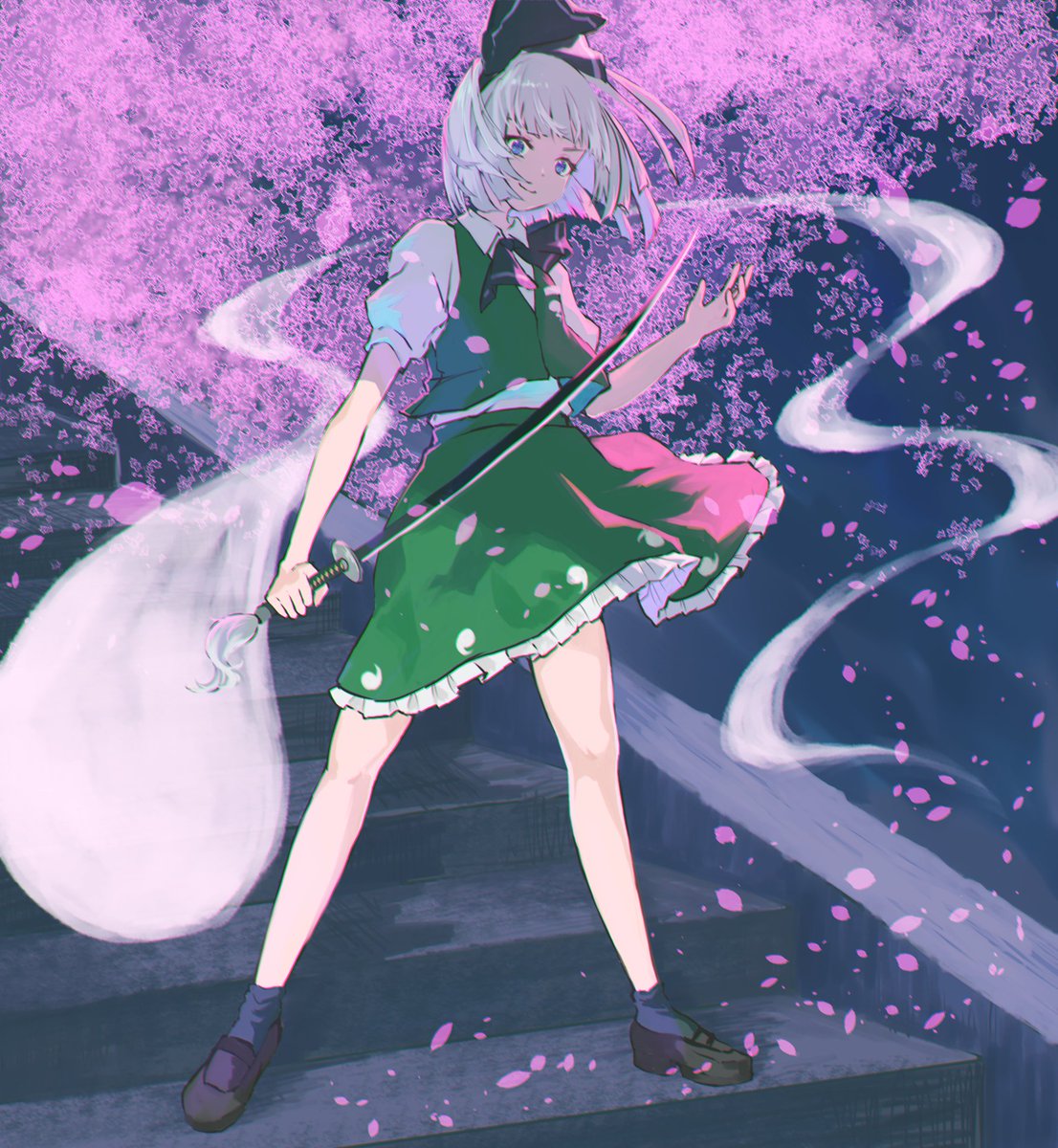 konpaku youmu ,konpaku youmu (ghost) 1girl skirt weapon solo sword green skirt short hair  illustration images