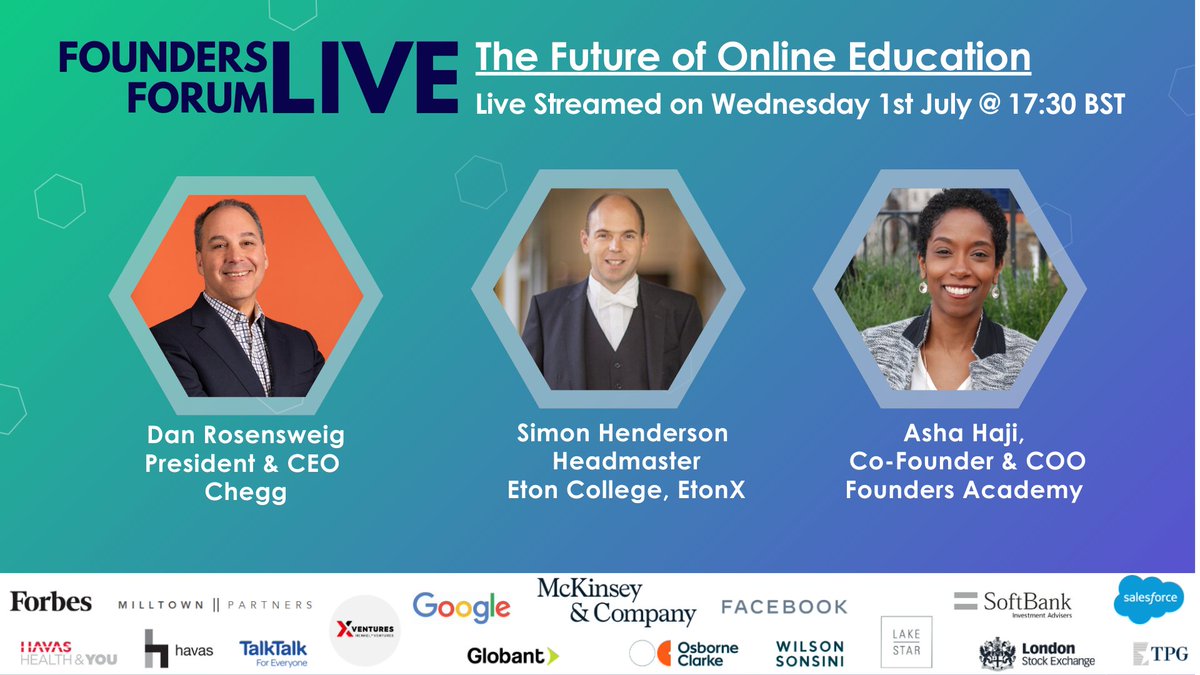 Education is facing transformative change 📚with virtual 'classrooms', eLearning &amp; more!

Join the discussion as we radically rethink education ft. <a href="/Chegg/">Chegg</a> CEO @DanRosensweig,Simon Henderson, <a href="/etonxonline/">EtonX</a> &amp;  <a href="/ashahaji/">Asha Haji</a>, <a href="/founders_acad/">Founders Academy</a>.

1st July @ 5:30pm 🚀bit.ly/2xTmeyP