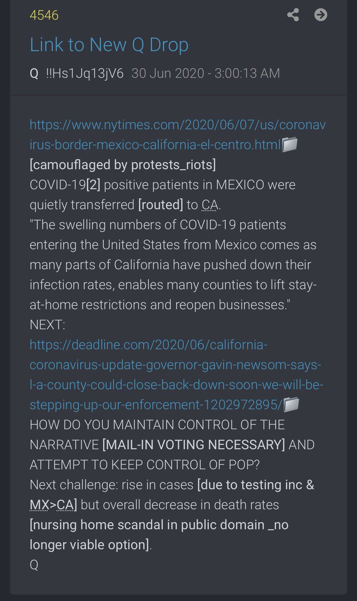 4546-HOW DO YOU MAINTAIN CONTROL OF THE NARRATIVE [MAIL-IN VOTING NECESSARY] AND ATTEMPT TO KEEP CONTROL OF POP?Next challenge: rise in cases [due to testing inc & MX>CA] but overall decrease in death rates [nursing home scandal in public domain _no longer viable option].Q