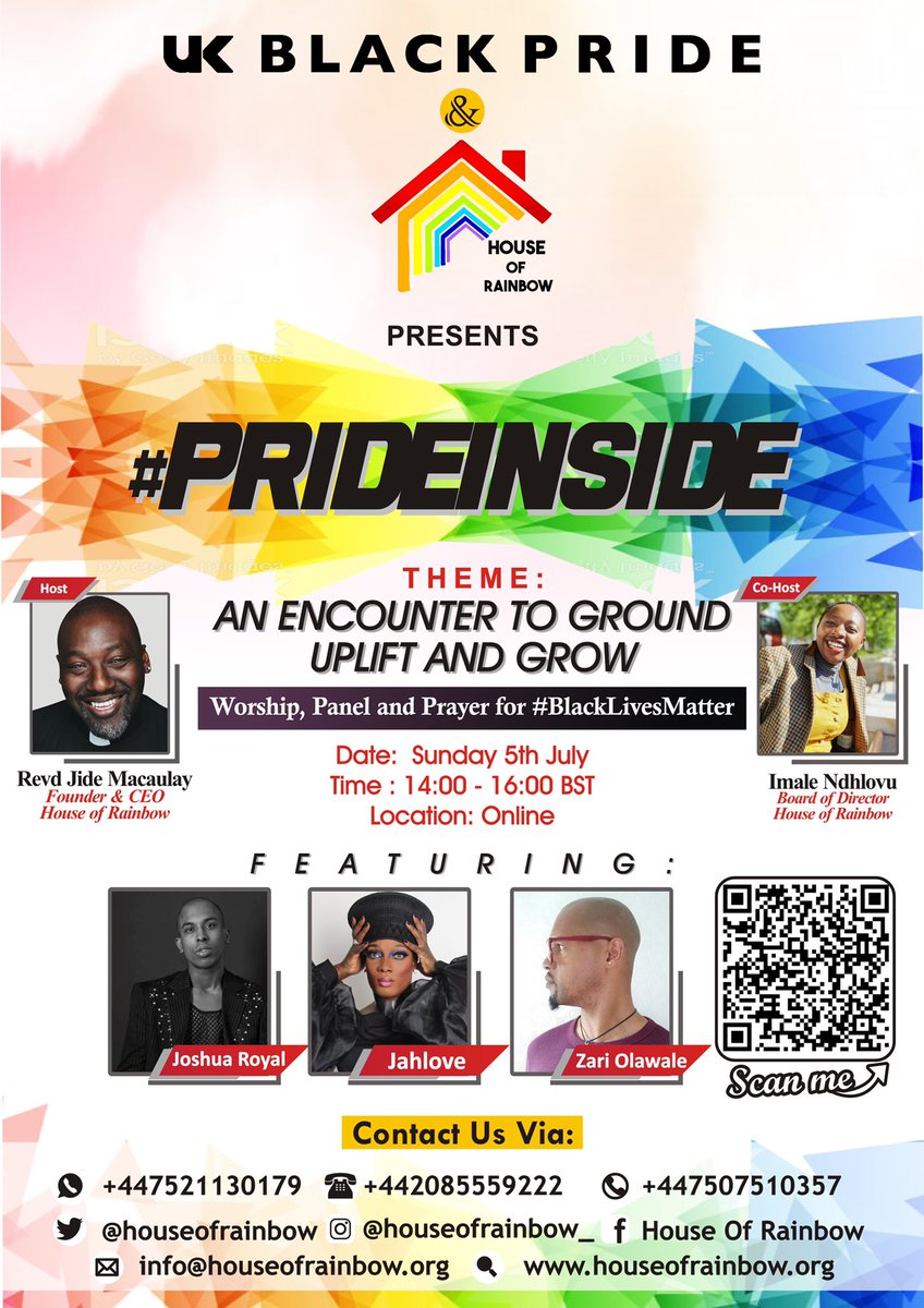 HouseOfRainbow's tweet photo. House of Rainbow, we are excited to announce the event for #PrideInside2020. UK Black Pride #PrideInside and event curated for you.
On the 5th July 2020, 14:00-16:00 BST,
Register to join the event
https://t.co/Qf1lkV01cH ...1/ https://t.co/WgJYIQvTSk