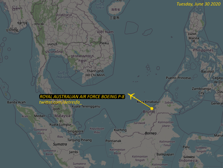 detresfa_'s tweet photo. #Australia #Boeing P-8 spotted earlier today operating out of #Brunei #SouthChinaSea Tuesday, June 30 2020 https://t.co/sH555ePiWL