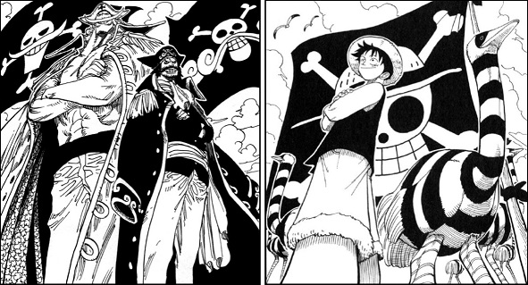 Twitter 上的 Log ワンピース考察 One Pieceの物語は大きく2年前と2年後に分けられ それぞれのスタートである第1話と第598話のカラーイラストが同じ構図で描かれていることは有名 だけど実は2年前の始まりと終わりの モノクロ扉絵 も同じ構図で描かれてた 第2