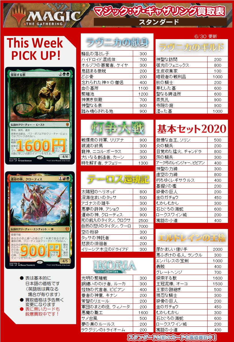 イエローサブマリン 千葉ゲームショップ Mtg 買取情報 毎週火曜日更新 マジック ザ ギャザリング シングルカード価格 買取価格表更新致しました 明日より基本セット２０２１買取も開始です エンバレスの宝剣 １０００ 運命の神 クロー