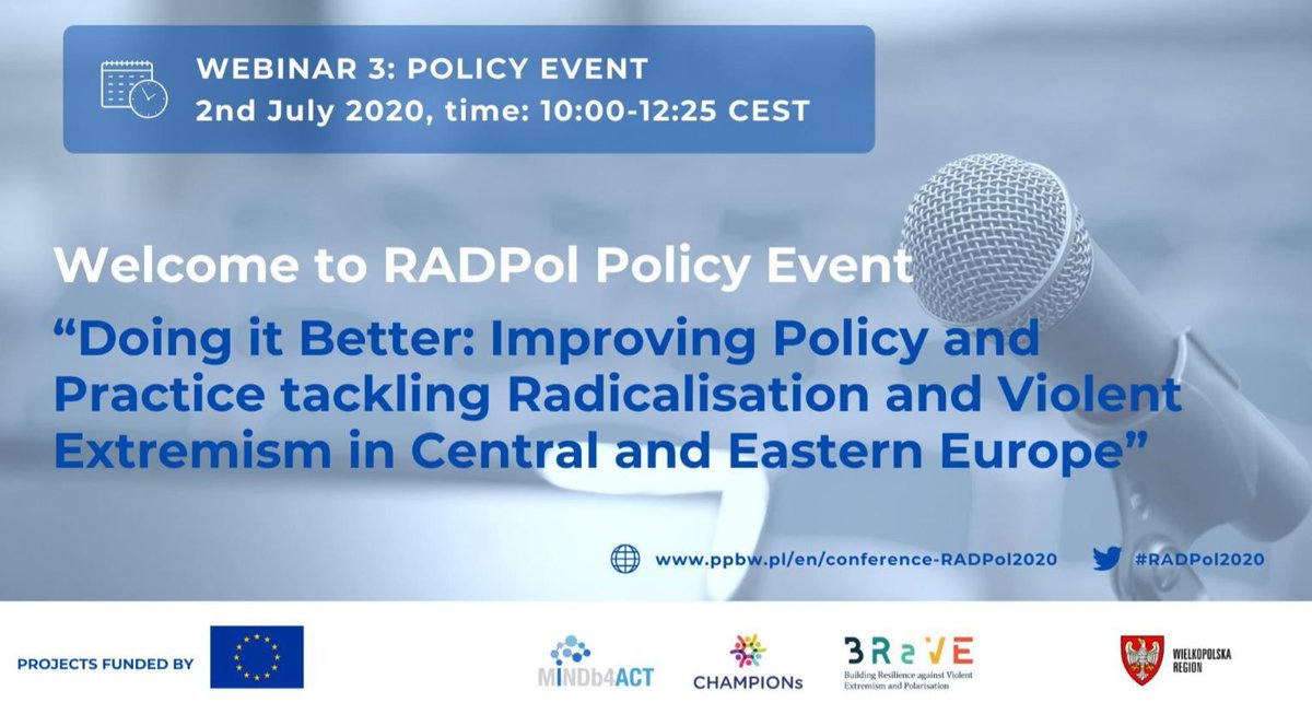 Time to register to #RADPol2020's Webinar "Improving policy &amp; practice tackling #radicalisation &amp; #VE in CEE". Panels: 
▪️ Multi-agency approach &amp; joint-action initiatives to tackling VE  
▪️ #Gender beyond not religiously motivated extremism 

▶️attendee.gotowebinar.com/register/51179…