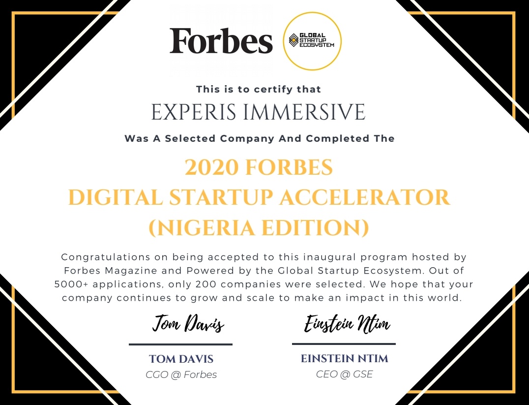 Experisimmerse's tweet image. Congratulations to team @Experisimmerse for completing the @Forbes Digital Startup Accelerator (Nigeria Edition) by @GlobalStartupE.

We appreciate everyone for the love and support 👍🤗

#Forbes #GSE #Experisimmersive