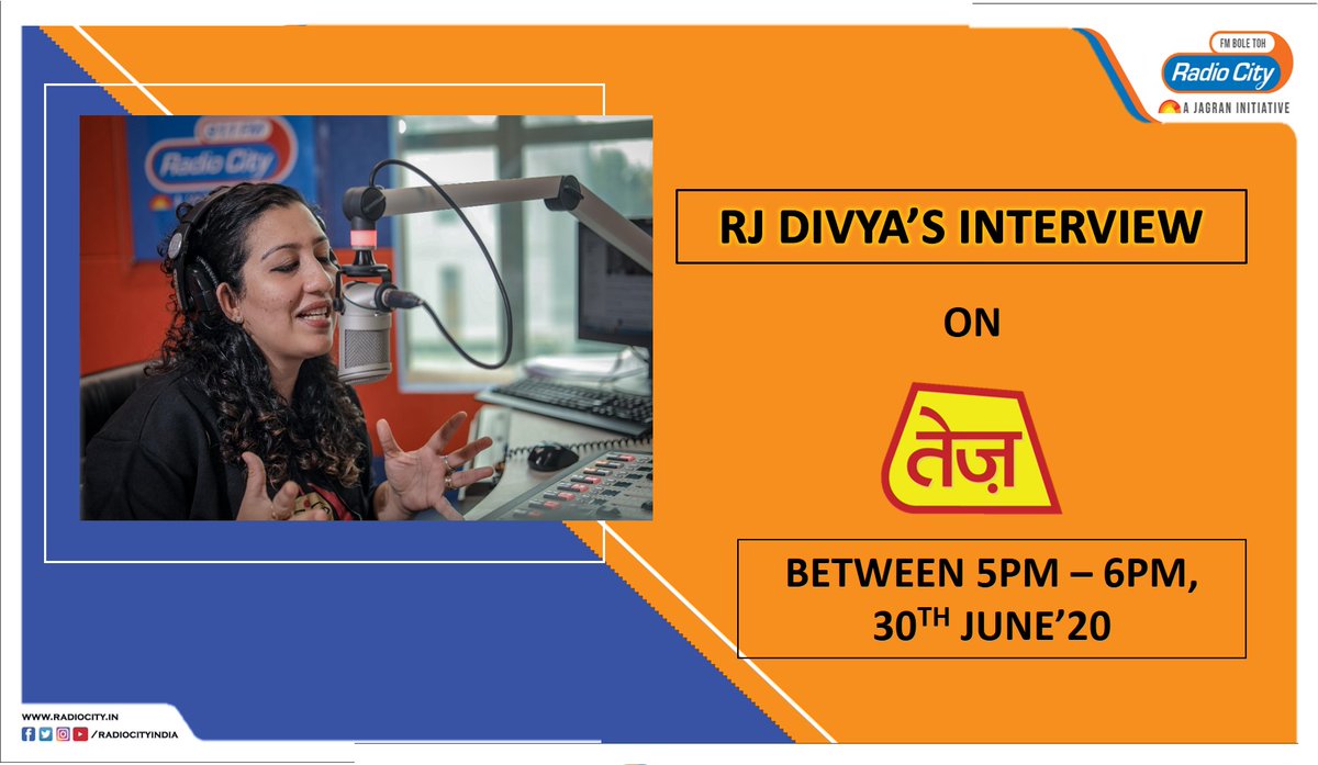 radiocityindia's tweet photo. Catch RJ @iamdivya's interview on @TezTvChannel today between 5 pm - 6 pm. Stay Tuned.
.
#RadioCity #Delhi #RJDivya https://t.co/o2P1v2ht8Y