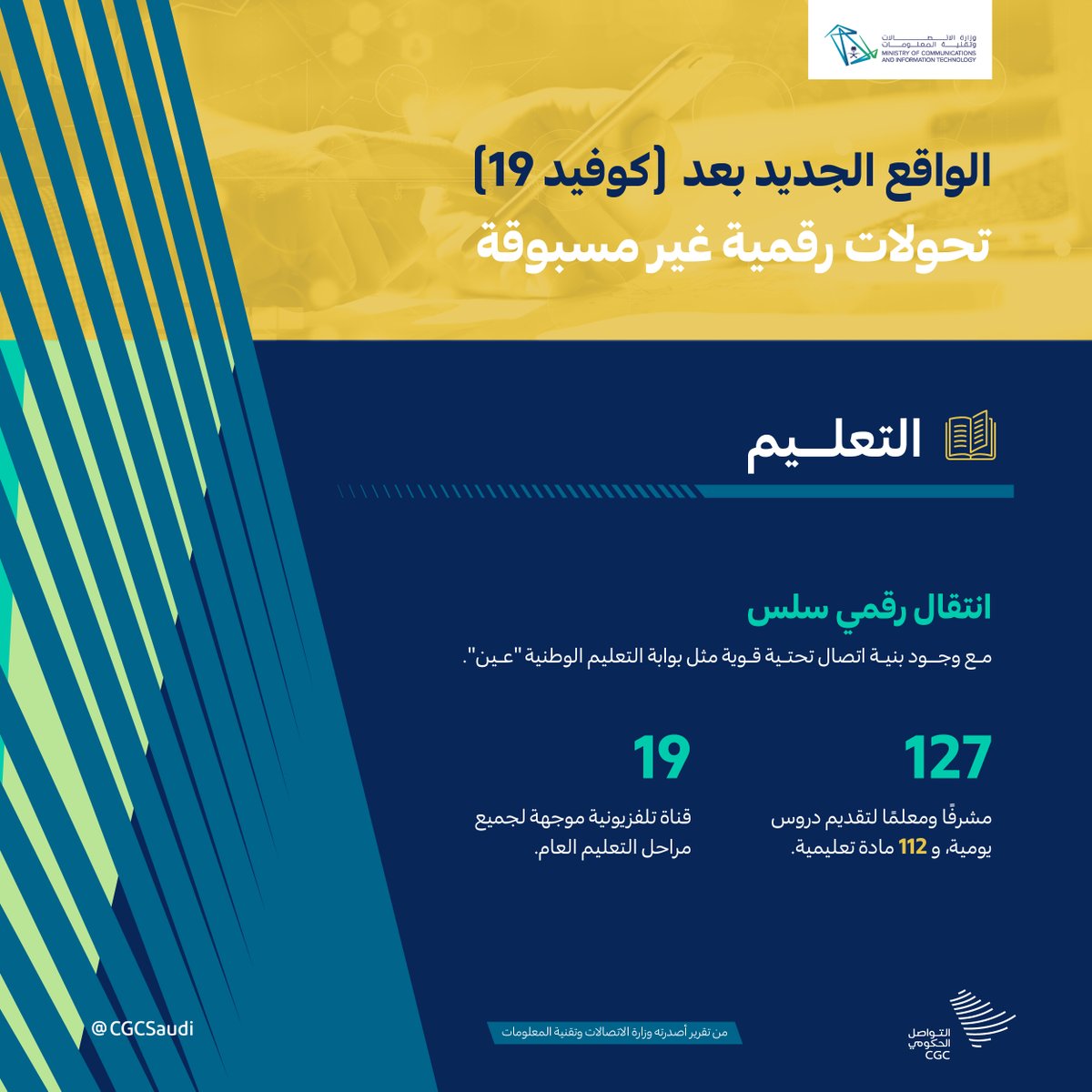 CGCSaudi's tweet photo. "الواقع الجديد بعد كوفيد19": مركز استشراف التقنية التابع لوزارة الاتصالات وتقنية المعلومات يكشف عن ملامح #التحول_الرقمي الكبير الذي حدث خلال جائحة (كوفيد 19) في عدد من القطاعات الرئيسية. #التواصل_الحكومي https://t.co/HppDtIFYgd