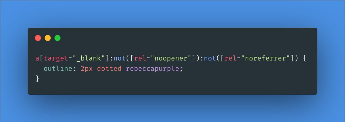 Espen Bratberg And You Can Check If You Have Any Target Blank Links Without Rel Noopener Or Rel Noreferrer With A Short Css Snippet T Co Tte8v57r8h Espen Bratberg And You Can Check If You Have Any Target Blank Links Without Rel Noopener Or Rel Noreferrer With A Short Css Snippet T Co Tte8v57r8h