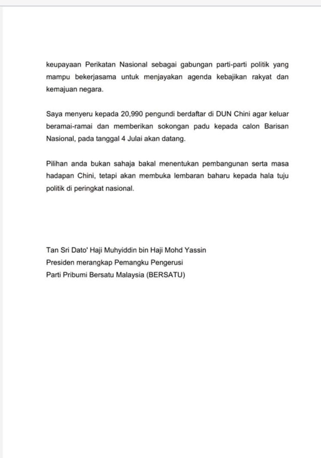 Melissa Goh Auf Twitter Malaysia Pm Muhyiddin Urges 20 990 Registered Voters In Chini To Come Out In Full Force On July 4 To Support Bn Candidate Mohd Shahrim To Usher In A