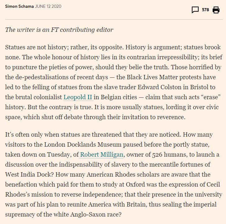 Once again we get the false claim that history is being "re-written". History of course is always re-written - it is a search for truth. There is absolutely no attempt to separate out history as argument and acts of civic remembrance. As  @simon_schama points out this IS history