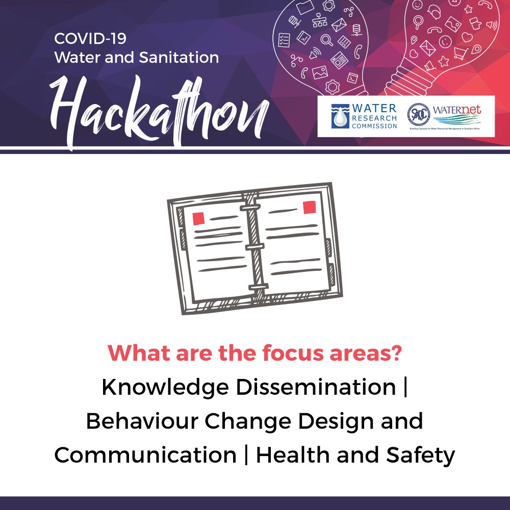 WaterResearchSA's tweet photo. This is a sneak preview of the focus areas: knowledge dissemination, behaviour change, design and communication, and health and safety. Registrations are now closed. Challenge will be announced on 3 July at https://t.co/t7GrLpkByO #Hack4Water https://t.co/uBvpivwReH