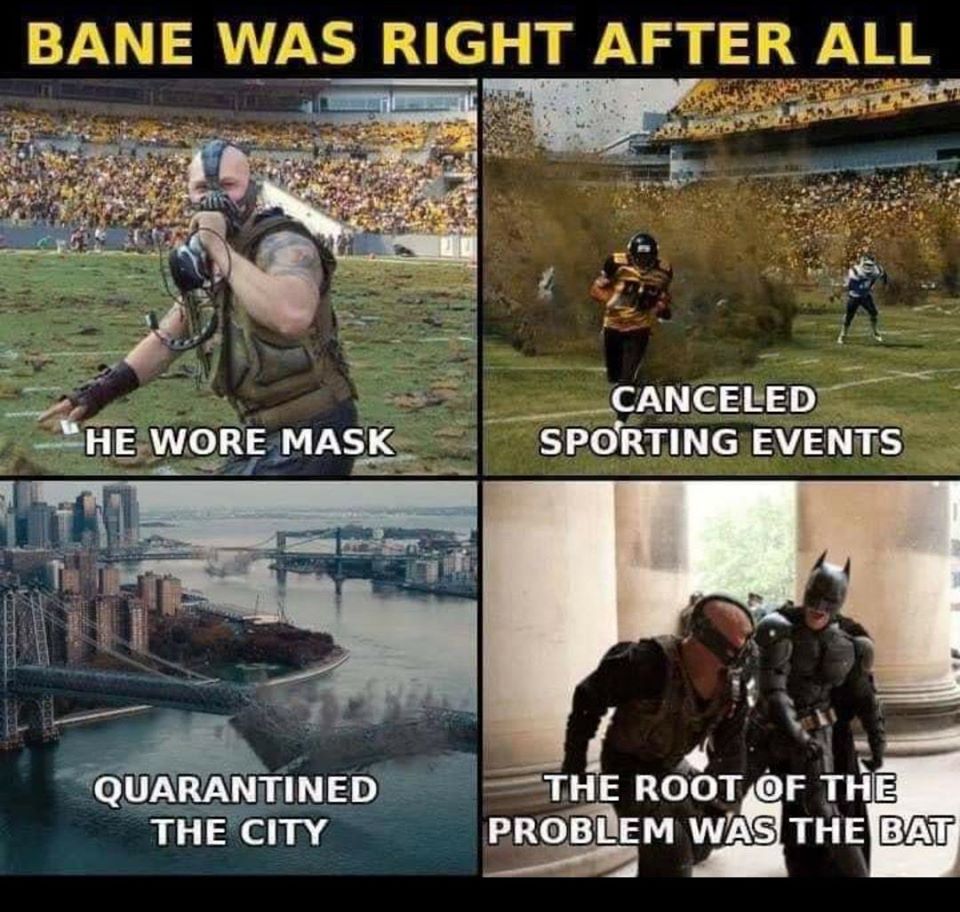 Dragostinger1's tweet photo. #Bane #Was #Right #After #All 

-

#Batman #BAT #mask #Masks #MaskUp #city #sport #football #Corona #CoronationStreet #COVIDー19  #Coronapalooza #Covid19isGettingCloser #COVID19Vic  #Coronaviruspakistan  #CoronaQuacks #StayHome   #coronavirusuk  #gamer #game #games #Quarantine https://t.co/FaFBL1xdY2