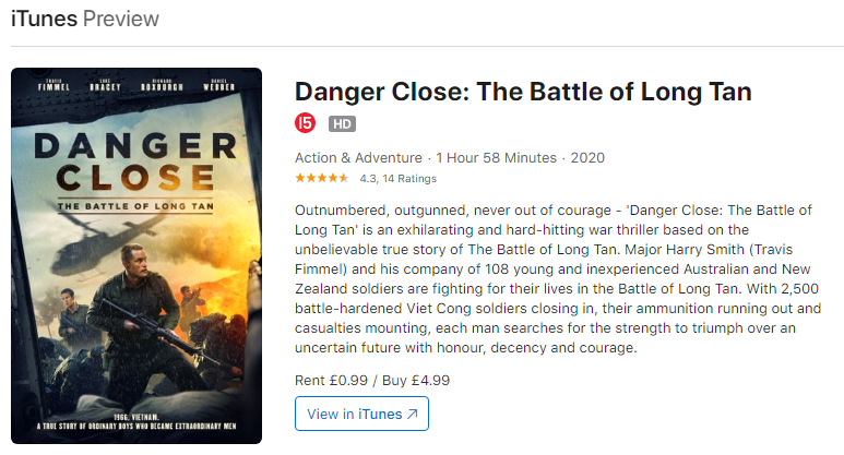 Our movie Danger Close @battleoflongtan sitting at #6 on @iTunes in the UK, rating 4.3/5. Thank you.

itunes.apple.com/gb/movie/dange…

#DangerCloseMovie #BattleofLongTan #TravisFimmel #LukeBracey #DanielWebber #RichardRoxburgh