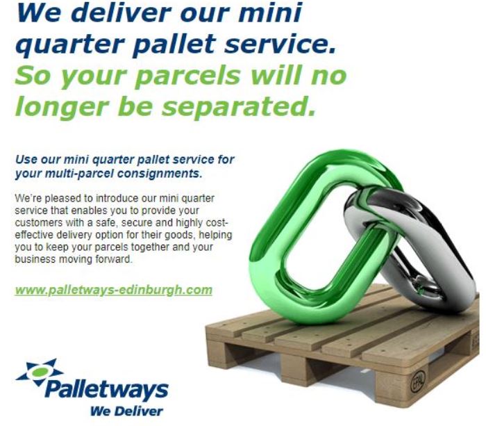 It's not just about the big stuff - it can often be more cost effective for you to use our Mini Quarter Pallet to send your multi-parcel consignments.  If you would like to know more, please give us a ring on 0131 663 2451.