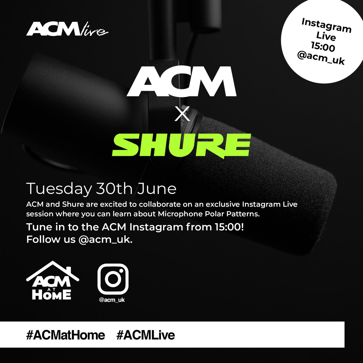 acm_uk's tweet photo. ⭐ ACM X Shure on Insta Live @ 3pm ⭐ 🎤 We're proud to collaborate with world renowned microphone brand, @Shure! Hosted by ACM Tutor Shea Stedford, we'll be discussing everything the brand has to offer and in particular learn about Microphone Polar Patterns! #ACMLive #ACMatHome https://t.co/F5v1aOd1HU