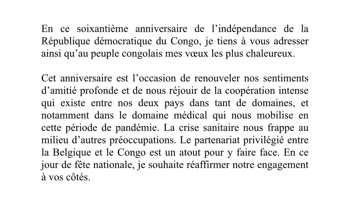 BelgiqueRDCongo's tweet photo. Lettre de Sa Majesté le Roi Philippe 🇧🇪 à Son Excellence Monsieur le Président Félix Tshisekedi 🇨🇩 à l’occasion du 60e anniversaire de l’indépendance de la République Démocratique du Congo 

@MonarchieBe @Presidence_RDC https://t.co/YuUqZLt6Uj