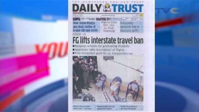 TVCconnect's tweet photo. Teachers protest as FG reopens schools.
APC interim panel to visit Tinubu, begs member to withdraw suits.
Covid-19: 18 councils with 60% of cases for lockdown.
FG lifts ban on interstate travel, okays local flights. More on #FrontPageReview on #YourViewTVC https://t.co/qOEulMbPzC