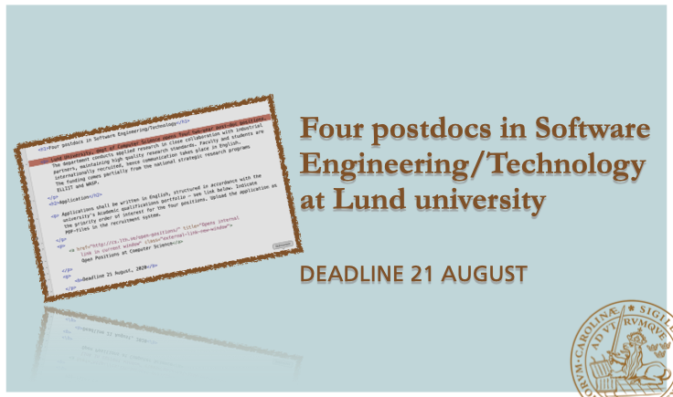 LTHsoftware's tweet image. Computer Science, LTH, opens four post-doc positions in Software Engineering / Technology: Code reviews. Continuous automated testing. Software near-clones. Updating of service-based software. 
cs.lth.se/open-positions/
@lunduniversity
@LTHinfo
@WASP_Research
@SoftEngResGrp