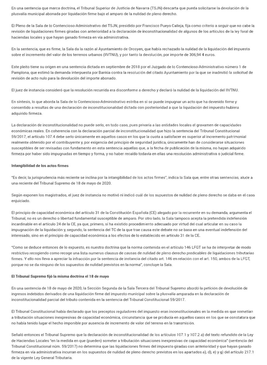 PLUSVALÍA MUNICIPAL: El Pleno de lo Contencioso-Administrativo del TSJ de Navarra fija como doctrina a seguir que no cabe la revisión de liquidaciones firmes giradas con anterioridad a la declaración de inconstitucionalidad.

👇ACCEDE A LA NOTICIA👇

poderjudicial.es/cgpj/es/Poder-…