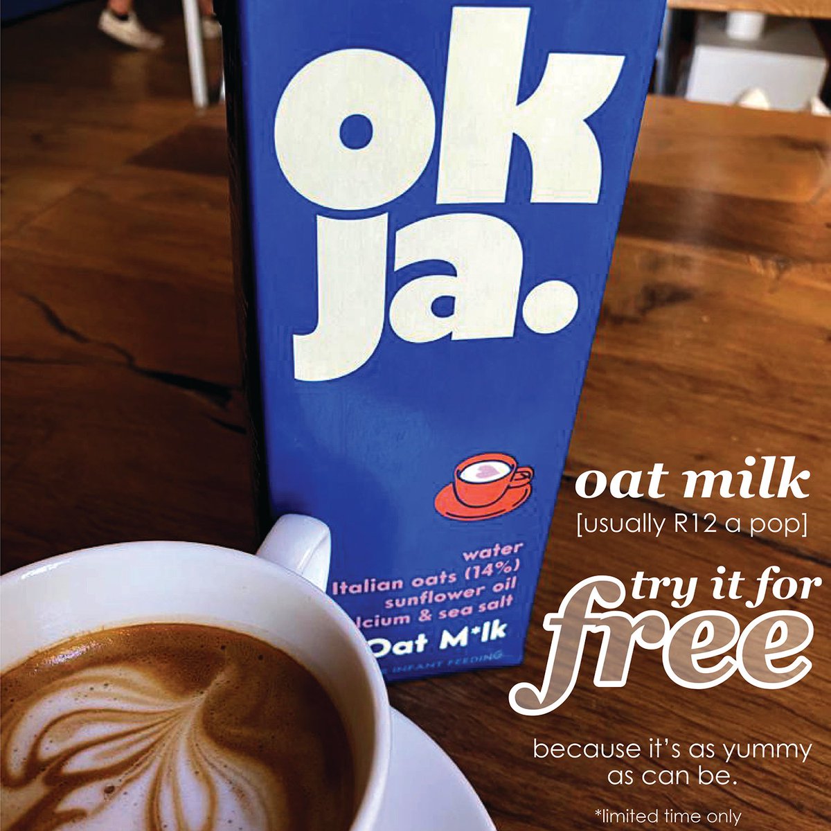 OK, JA. oat milk is sustainable, delicious and nutritious! The best part? You can now try it for free in your next cup of #häzzcoffee. A saving of R12 per cup! 💙 #okja #oatmilk #coffee