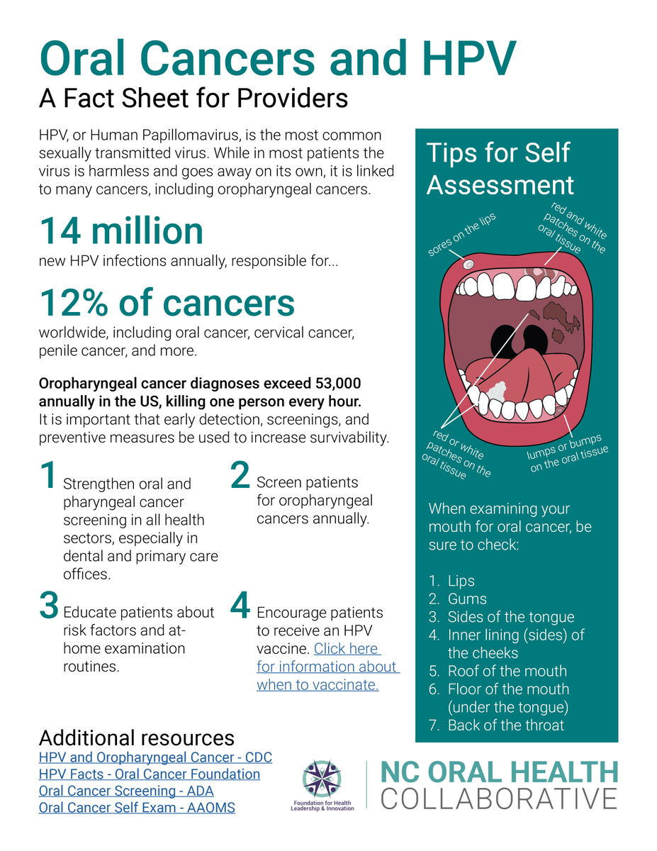 oralhealthnc's tweet photo. Oropharyngeal cancer is preventable and treatable, but we must strengthen oral and pharyngeal cancer screening in all health sectors, especially in dental and primary care offices. #cancer #publichealth #dentistry https://t.co/bJJSIB2CTG